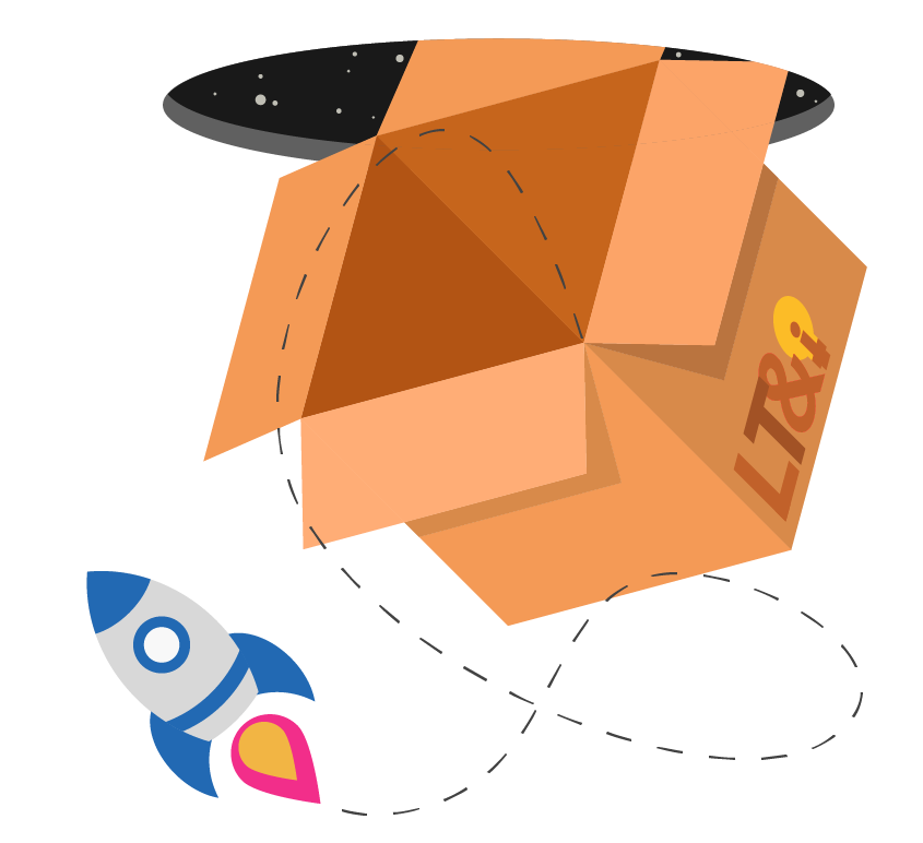 A box falling through an inter-dimensional portal from space with a rocket ship escaping from it